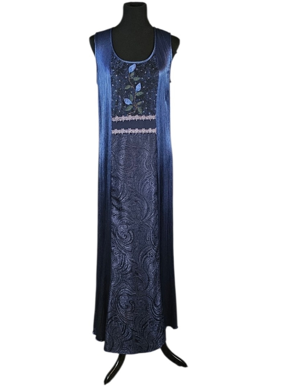 SA2 Art to Wear Maxi Dress Blue Embroidered Paisley Lagenlook Boho Size 12